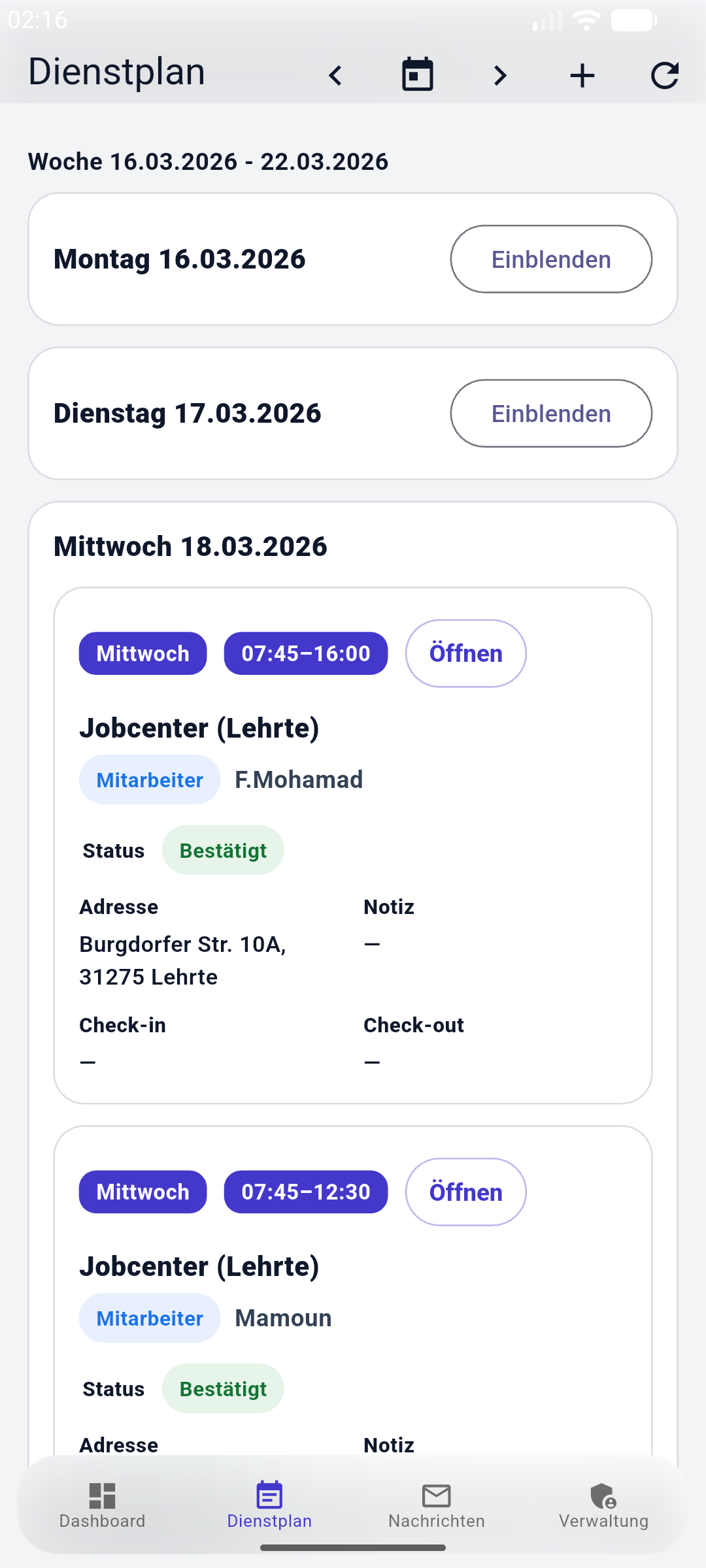 SafeTec24 app on Android showing the shift plan